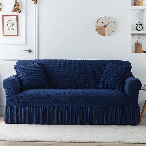 Ruffled Premium Bubble Sofa Cover Blue (Stretchable Stuff No Size issue)