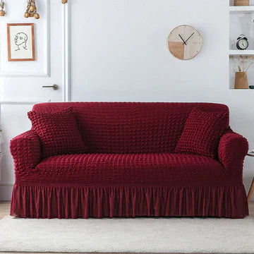 Ruffled Premium Bubble Sofa Cover Maroon (Stretchable Stuff No Size issue)